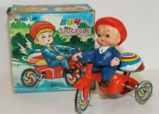 Vintage Tin Toy Wind - Up Boy On Tricycle 2065 Made In Korea