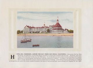 California San Diego: Hotel Del Coronado,  1914 Antique Fred Harvey Lithograph