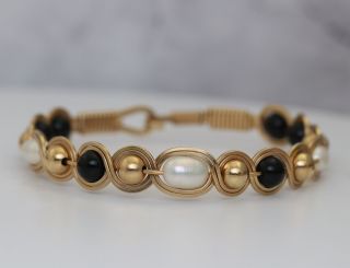 Vintage Pearl,  Onyx And Gold Beaded Bracelet - 14k Yellow Gold