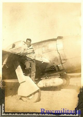 Org.  Photo: Us Airman Posed By Wing Of P - 47 Fighter Plane On Airfield