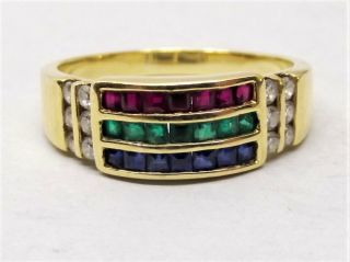 Vtg 18k Gold Multi Stone Ring Sz 7.  5 Emerald Ruby Sapphire Diamond.  24 Carat