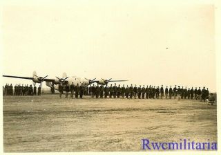 Org.  Photo: Us Bomb Group Airmen Lined Up On Airfield By B - 24 Bomber