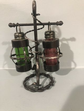 Vintage Nautical Hanging Lantern Lights Salt And Pepper Shaker On Anchor Stand