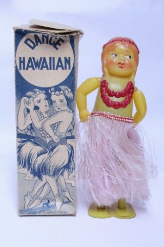 Early Occupied Japan Celluloid Tin Litho Wind Up Dancing Hawaiian W/ Box