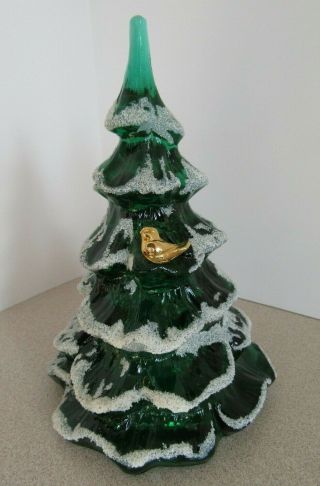 Vintage Fenton Green Glass Christmas Tree Flocked Snow Gold Bird Label Signed
