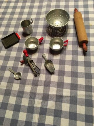 Vtg Child’s Kitchen Toy Play Set Dishes Cooking Roll Pin Strainer Egg Beater
