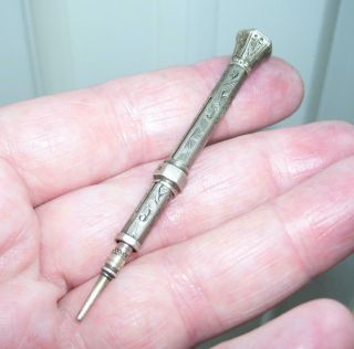 Antique Victorian Silver Fine Engraved Propelling Pencil W Agate Seal Top