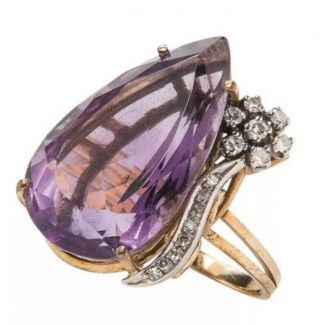17 Carat Amethyst And Diamond Ring 14k Gold Vintage Large Pear Cut