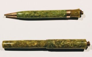 - Jade Swirl Ring - Top Fountain Pen,  Matching Pencil.  Early 1930 