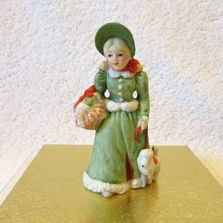 Vtg Lefton Colonial Village Figurine Green Dress Girl Walking Poodle Dog 05827