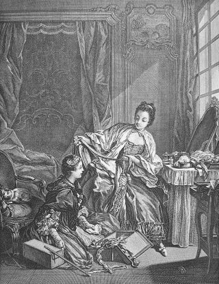 Young Lady Fashionable Dress - Antique Print By Boucher Engraving