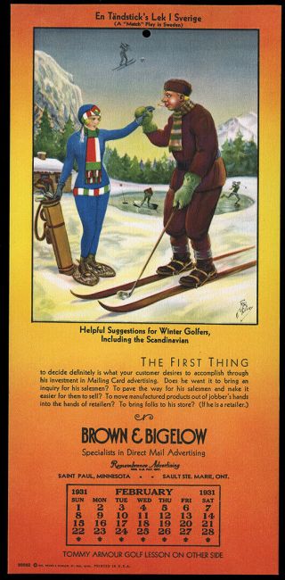 1931 Brown & Bigelow Company Archives Golf Calendar Ski Bunny Scandinavian Theme
