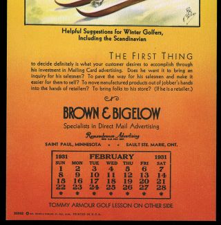 1931 Brown & Bigelow Company Archives Golf Calendar Ski Bunny Scandinavian Theme 2