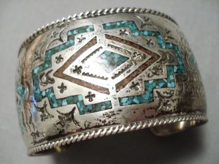 Huge Vintage Navajo Turquoise Coral Geometric Sterling Silver Bracelet Old