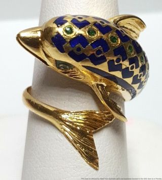 18k Gold Enamel Vintage Dolphin Porpoise Artist Signed Adjustable Unique Ring