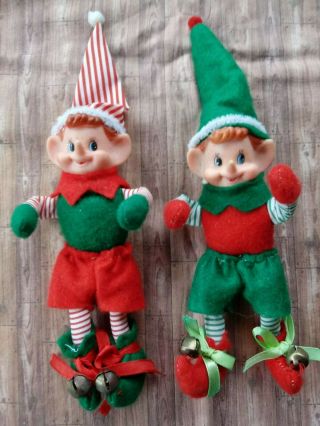 Vintage 2 Christmas Elves Green Red Bells On Shoes