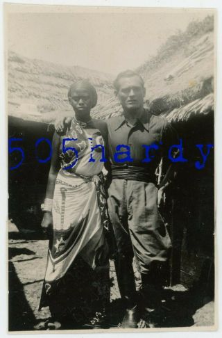 Wwii Us Gi Photo - Italian Pilot W/ Woman In Native Dress Captured From Him