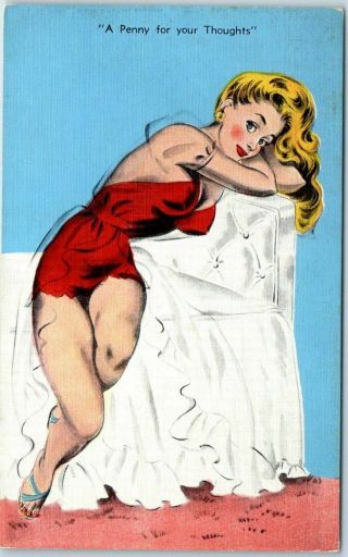 Pin - Up Girl Postcard Redhead Girl Lingerie " Penny For Your Thoughts " Kropp Linen