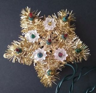 Vintage Gold Tinsel Star Christmas Tree Topper 11 Lights 6 " X 6 " Holiday