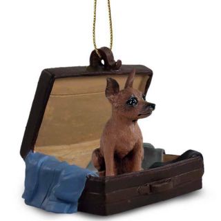 Miniature Pinscher Red Traveling Companion Dog Figurine In Suit Case Ornament