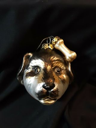 Enesco Black Gold Glass Dog Head With Bone Christmas Ornament