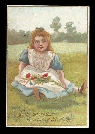 V20 - Little Girl Sitting In A Field - Victorian Tuck Birthday Card