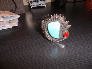 Heavy Large Vintage Coral Turquoise Sterling Silver Cuff Bracelet With T