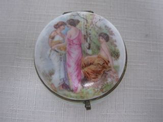 Antique German Trinket Box With 3 Hand Painted Lovely Maidens 2 "