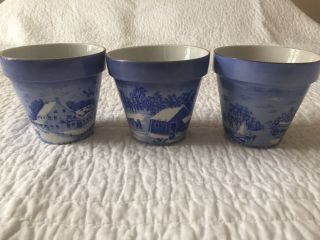 Set Of Three (3) Vintage Currier & Ives Planters.  Blue And White.