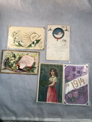 5 Antique Happy Year Postcards 1911 1914 Gilded Flowers Girl Holly House