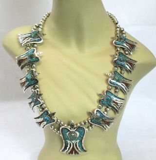 Vintage Navajo? Large Sterling Silver Turquoise,  Coral Squash Blossom: 201 Grams
