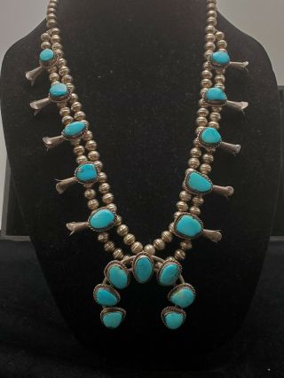 Big 24 " Old Pawn Vintage Navajo Sterling Turquoise Squashblossom Necklace
