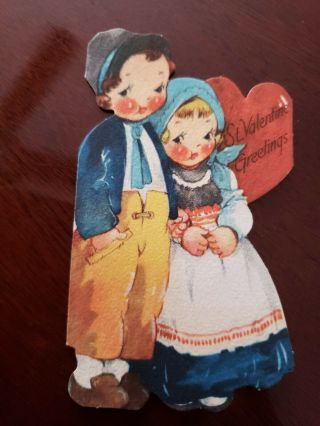 Vtg Gibson Valentine Greeting Card Diecut Dutch Boy Girl " St.  Valentine " 1950s