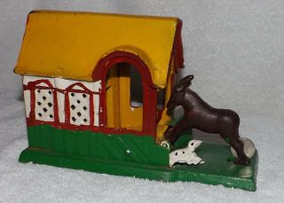 Vintage Mechanical Cast Iron Bank - Bucking Mule And Dog At Barn Door - Gwc