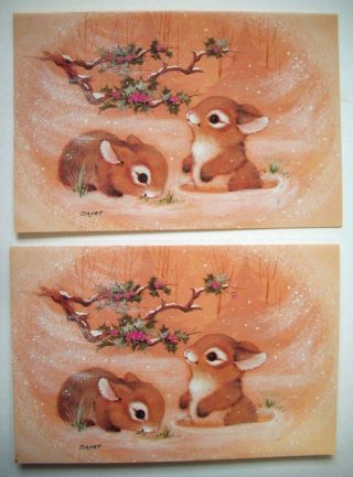 2 Davey Rabbits Bunnies In The Snow Christmas Greeting Card 3m