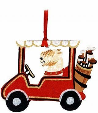 Wheaten Terrier Dog Golf Cart Wood Handpainted 3 - D Christmas Ornament Usa Made.