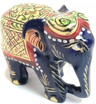 Vintage Miniature Indian Meenakari Hand Carved - Painted Wooden Elephant Indigo