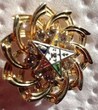Brooch/pin Oes Masonic " Eastern Star " Ladies Enamel Gold Tone Rhinestones Swirl