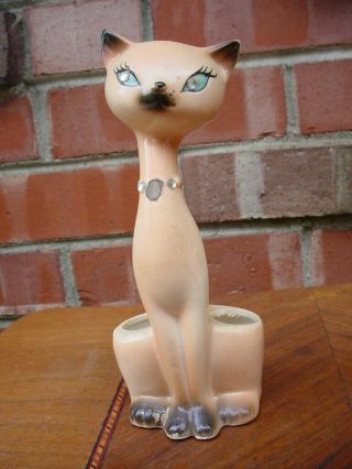 Vintage Enesco Siamese Cat Figurine Lipstick Holder Rhinestone Eyes Collar E3342