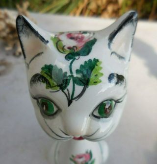 Mid Century Hand Painted White Floral Long Neck Ceramic Cat