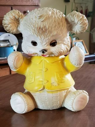 Vintage 1962 Edward Mobley Arrow Rubber Teddy Bear Yellow Coat Rubber Squeak Toy