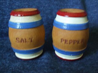 Vintage Wooden Red White And Blue Barrel Salt And Pepper Shakers