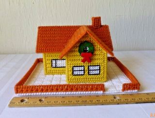 Vintage Plastic Canvas Christmas Village Yellow House Orange Roof Handmade
