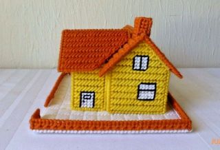 Vintage Plastic Canvas Christmas Village Yellow House Orange Roof Handmade 3