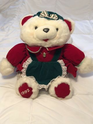 1992 K Mart Plush White Xmas Bear Red Dress Girl Mrs Claus
