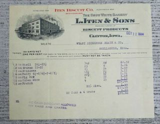 1914 L Iten & Sons Snow White Bakery Biscut Products Invoice Clinton Iowa $19.  60