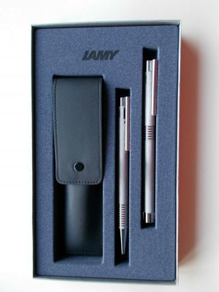 Lamy Logo Brushed Steel Giftset (fountain Pen,  Ballpoint Pen And Leather Pouch)