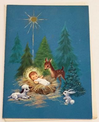 Private Listing For Ann Baby Jesus In Manger With Deer Christmas Card