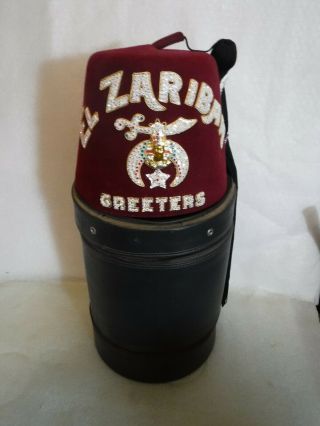 El Zaribah Greeters Shriners Mason Jeweled Fez Hat With Case 7 3/8