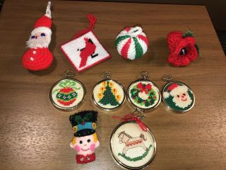 Vintage Handmade Christmas Ornaments Crochet Santa Bell,  Cross Stitch Ornaments